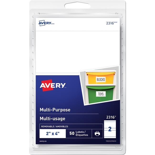 2316 Avery? Multi-Purpose Removable Labels for laser and inkjet printers, 2" x 4" Removable Matte White Paper / White / Removable