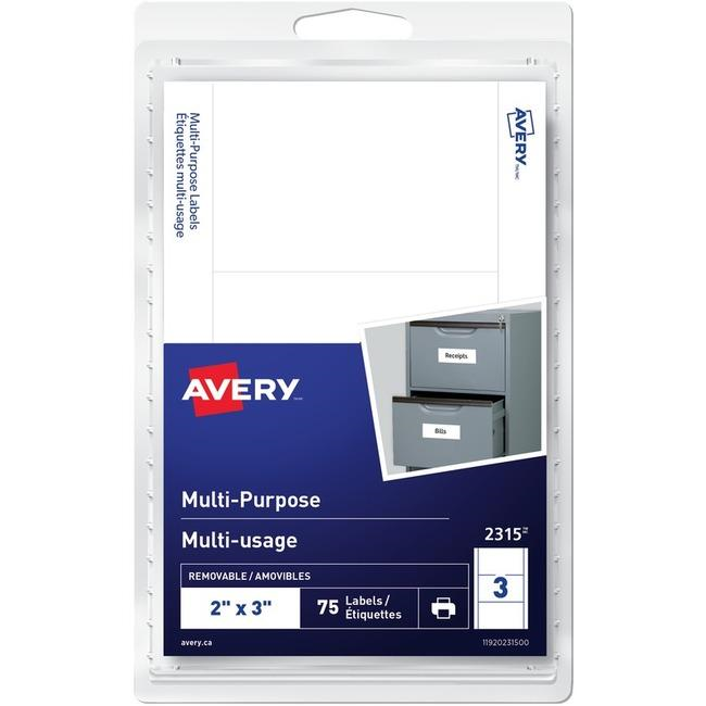 2315 Avery? Multi-Purpose Removable Labels for Laser and Inkjet Printers, 2" x 3" Removable Matte White Paper / White / Removable
