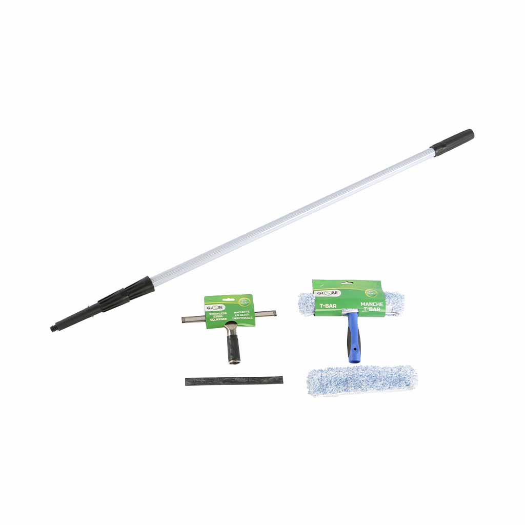 14" Window Care Kit Includes 14" Stainless Steel Squeegee, 14" T-Bar and Microfiber Washing Sleeve, 14" Replacement Microfibre Sleeve and 12ft Extension Pole