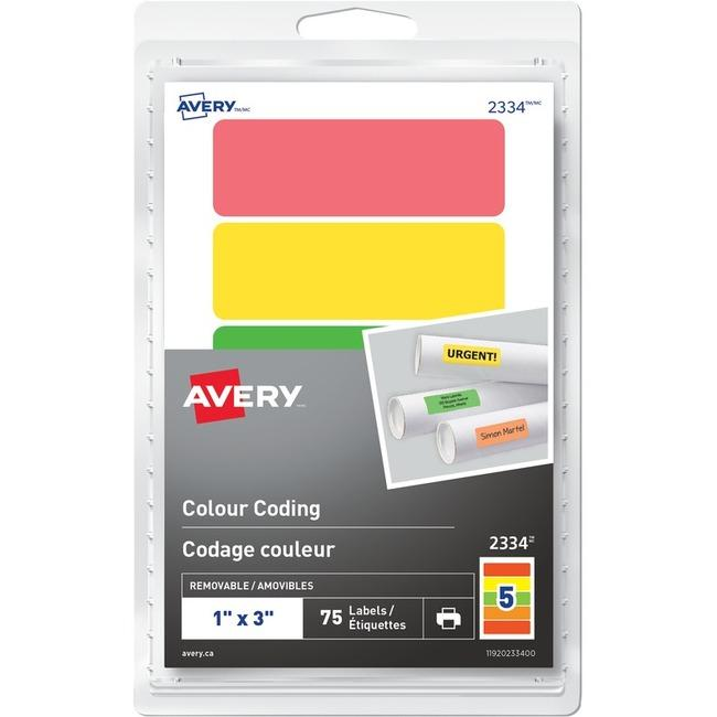 2334 Avery? Removable Rectangular Colour Coding Labels for Laser or Inkjet Printers, 1" x 3" Assorted Colours / Removable