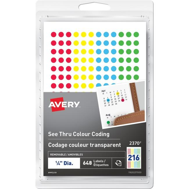 2370 Avery? See Thru Removable Colour Coding Labels Handwrite, ?" Assorted Colours / Removable