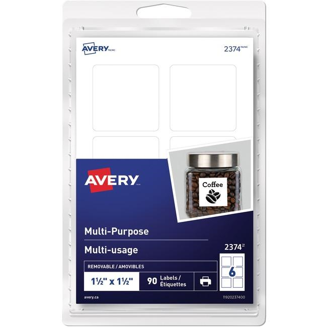 2374 Avery? Multi-Purpose Removable Labels for Laser and Inkjet Printers, 1?" x 1?" Removable Matte White Paper / White / Removable