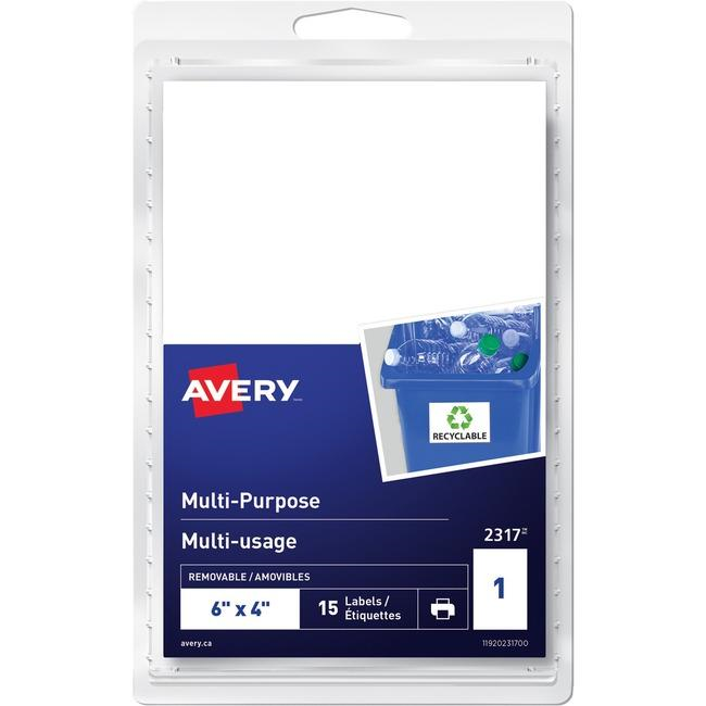 Avery? Multi-Purpose Removable Labels for Laser and Inkjet Printers, 6" x 4" Removable Matte White Paper / White / Removable