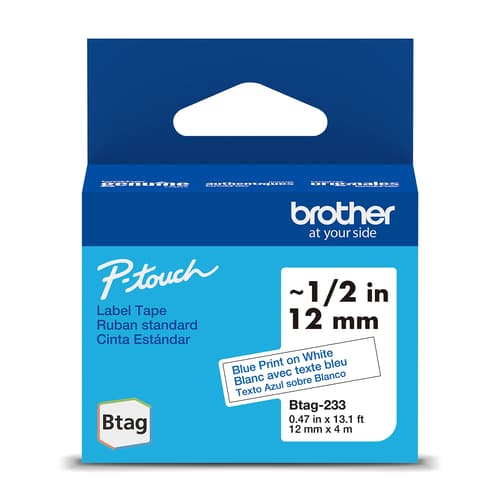 Brother Genuine BTAG233 Non-Laminated Tape for P-touch Label Makers, Blue on White ? 12 mm wide x 4 m long