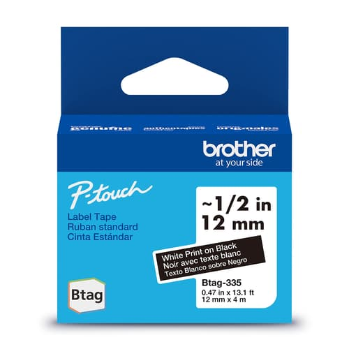 Brother Genuine BTAG335 Non-Laminated Tape for P-touch Label Makers, White on Black ? 12 mm wide x 4 m long