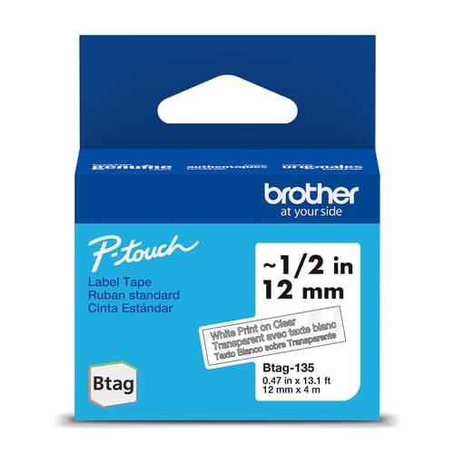Brother Genuine BTAG135 Non-Laminated Tape for P-touch Label Makers, White on Clear ? 12 mm wide x 4 m long