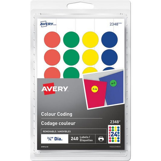 2348 Avery? Removable Colour Coding Labels for Laser and Inkjet Printers, ?"  Assorted Colours / Removable