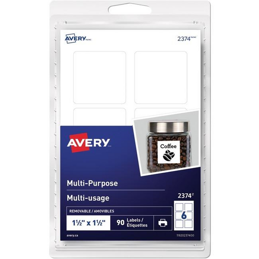2374 Avery? Multi-Purpose Removable Labels for Laser and Inkjet Printers, 1?" x 1?"  Removable Matte White Paper / White / Removable