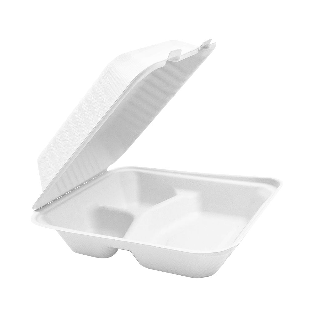 Compostable Hinged Containers - 8" x 8" x 3"  / White / 3 Compartment - (Pack of 50)