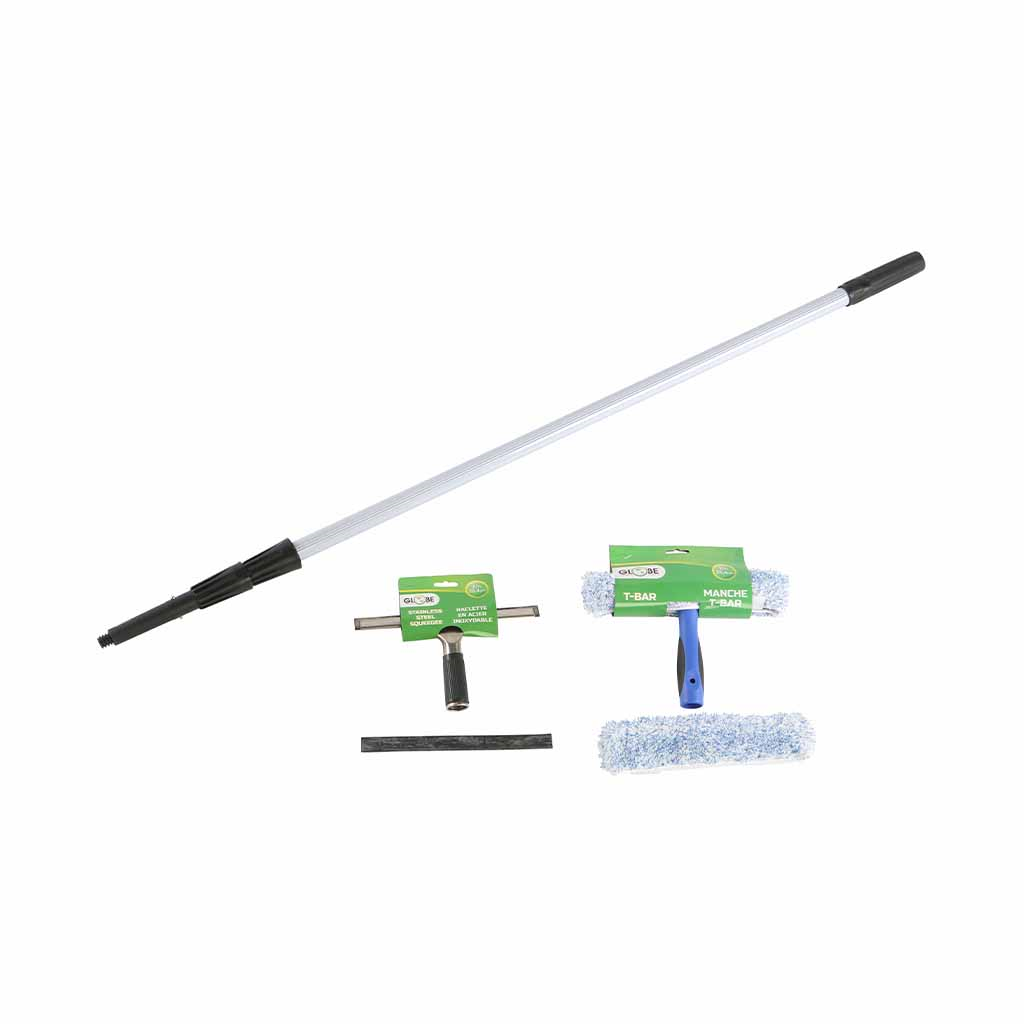 10" Window Care Kit Includes 10" Stainless Steel Squeegee, 10" T-Bar and Microfiber Washing Sleeve, 10" Replacement Microfibre Sleeve and 12ft Extension Pole