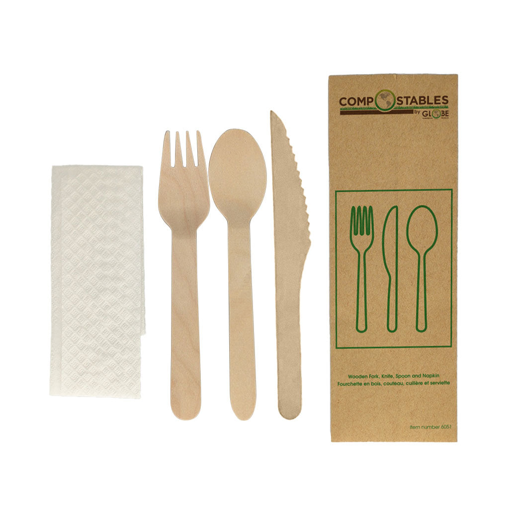 Compostable Wooden Cutlery Set- 6.5" Knife, Fork, Spoon and Napkin in Paper Bag (50 sets/pack)