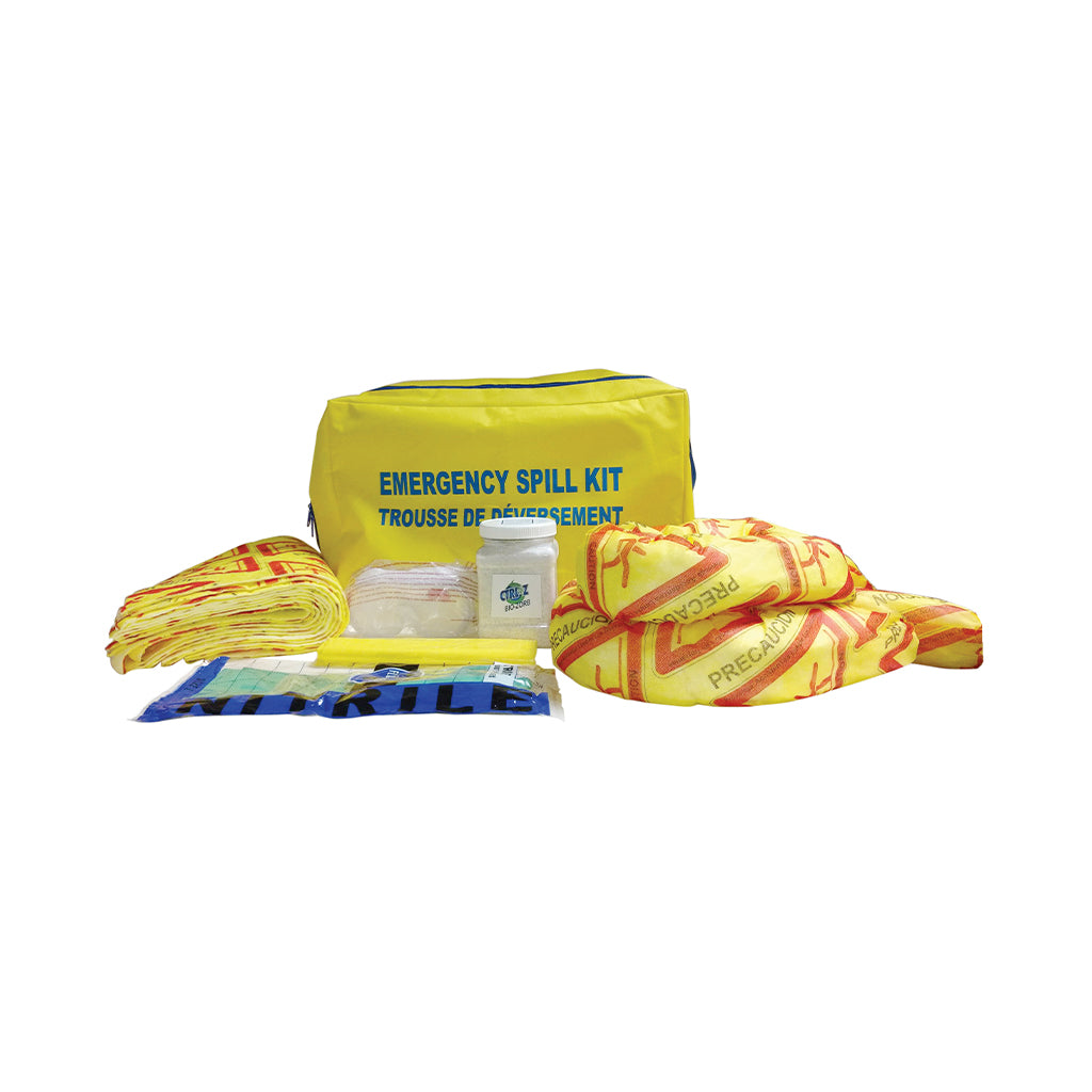 Emergency Response Spill Kit with Bio-Zorb - Includes 1 Zipper Yellow Bag, 10 Hi-Vis Caution Pads, 10 Hi-Vis Socks, 1 pair Nirtile Gloves, 1 Splash Goggle, 1 15oz Bodily Fluid Solidifier and Absorbent