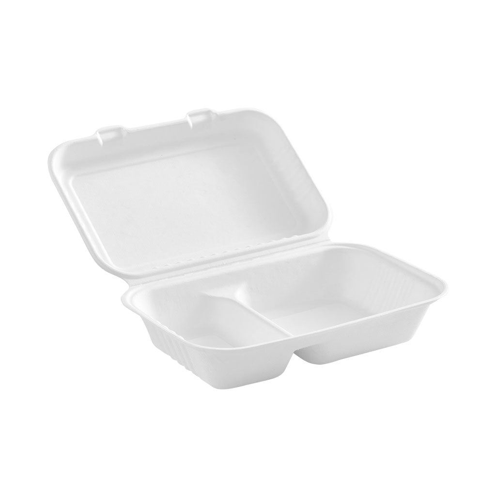 Compostable Hinged Containers - 9" x 6" x 3" / White / 2 Compartment - (Pack of 50)