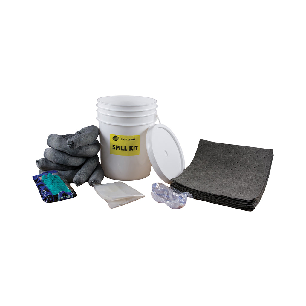 Universal 5 Gallon Spill Kit with Pail - Includes 1 5 Gallon Pail with Lid, 10 Pads, 3 Universal Socks, 1 Pair Nirtile Gloves, 1 pair Splash Goggles, 1 Disposable Bag